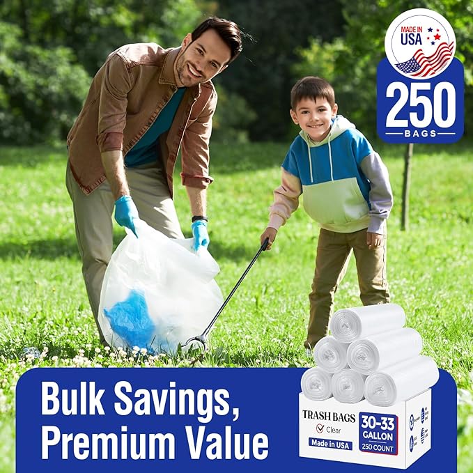 Delxo 30-33 Gallon Clear Trash Bags, Durable & Puncture-Resistant Plastic