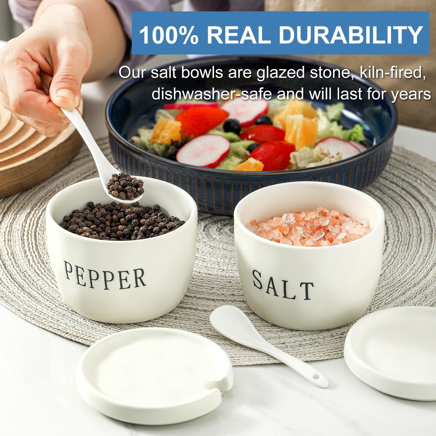 Howise 2 Pack Salt and Pepper Bowls Set, Ceramic Salt and Pepper Containers with Lid and Spoon, White Salt Pepper Holder Set, Salt Box Dish with Lid Easy to clean