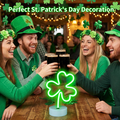 St Patrick's Day Shamrock Light - Patrick Party Neon Sign Decoration - Green Clover LED Night Light - USB or Battery Powered Table Lamp - Lucky Shamrocks Gifts for Kids - Decor for Window Room Bedroom