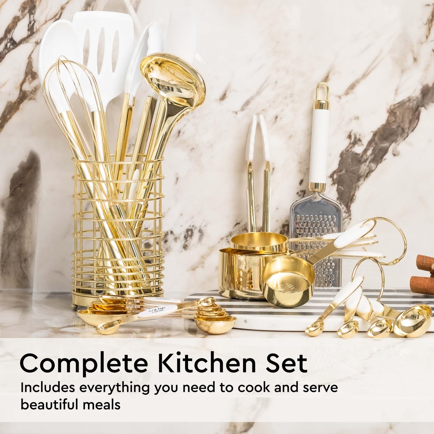White & Gold Cooking Utensils Set - Luxe 8-Piece Kitchen Gadget Set Includes Can Opener, Tongs and Garlic Press - Stylish White and Gold Kitchen Accessories for Modern Kitchens, Ideal for Gifting
