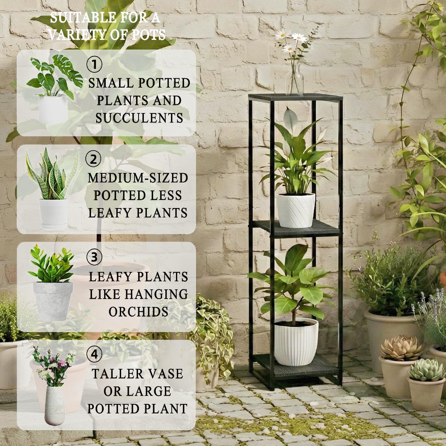 JEPRECO 46" Tall Plant Stand Indoor, 3-Tier Modern Plant Shelf, Corner Flower Pot Holder Organizer for Living Room Balcony Patio Garden (Black)