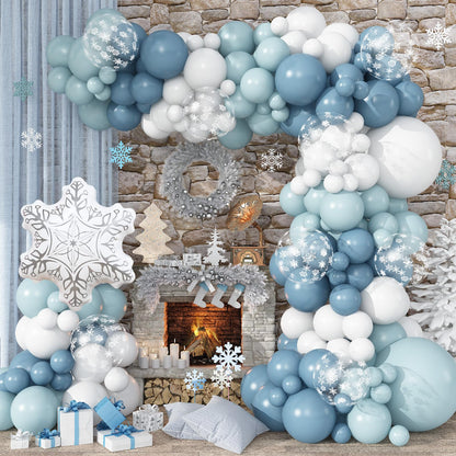 Winter Wonderland Balloons Garland Arch Kit, 101Pcs Dusty Blue White Balloons with Snowflake Foil Balloon for Christmas Xmas Holiday Ice Snow Girl Princess Theme Baby Shower Birthday Party Decorations
