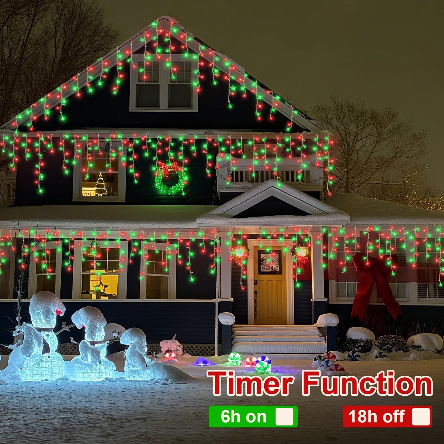 QITONG Red and Green Icicle Lights for Outside, 33ft 400 LED String Lights Indoor with 8 Modes, Clear Wire Connectable Icicle Christmas Lights Plug in