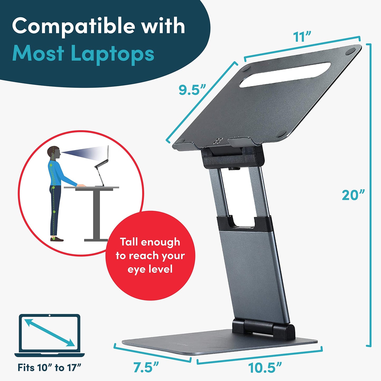 Ergonomic Laptop Stand for Desk, Adjustable Height Up to 20", Portable Computer Laptop Riser, Fits All MacBook, Laptops 10 15 17 Inches, Lap top Holder Desk Stand, Gift for Men Women