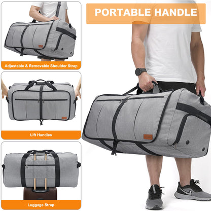Upeelife Travel Duffle Bag, Foldable 125L Holdall Bags Large Weekend Overnight Bag Waterproof Duffel Bag with Shoe Compartment and Wet Pocket, Sports Gym Bag for Men Women (Grey)