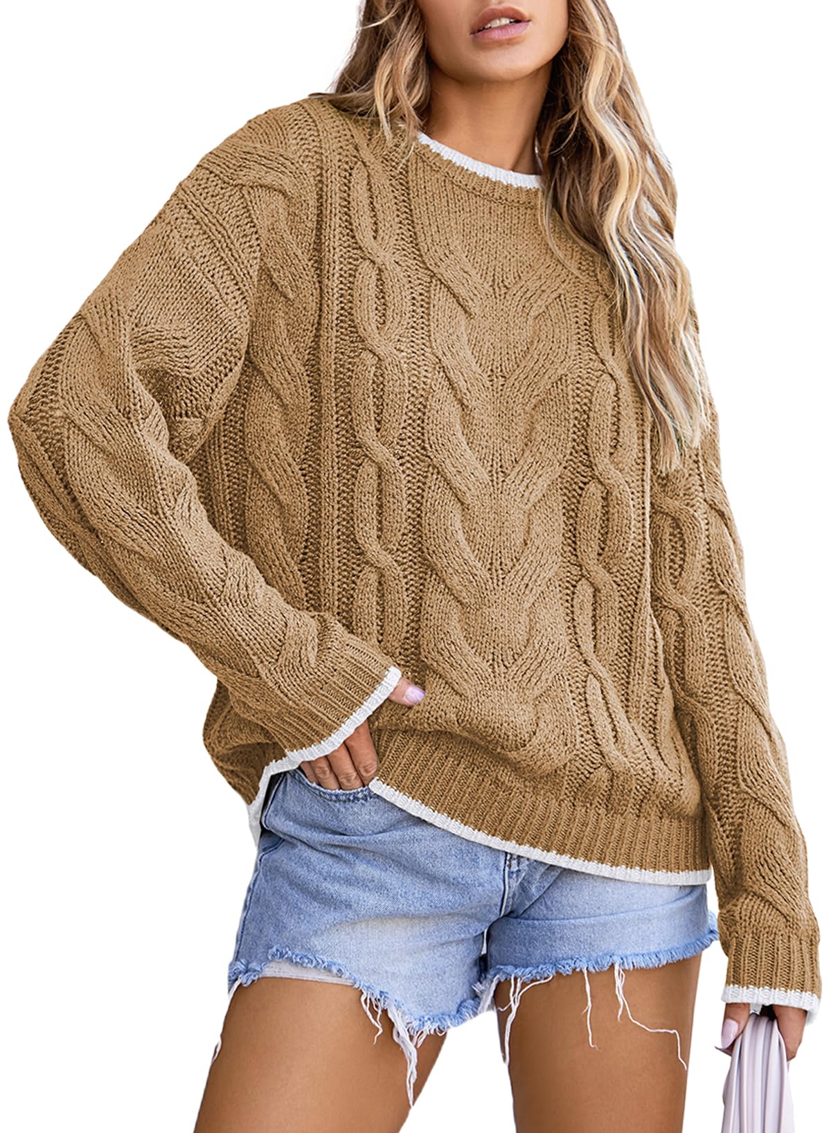 EVALESS Sweaters for Women Trendy Crewneck Long Sleeve Color Block Sweater Tops Fall 2025 Chunky Cable Knit Pullover Sweaters