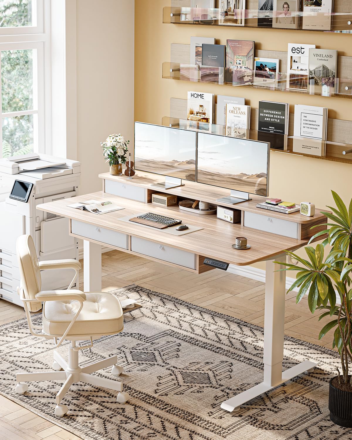 CubiCubi 60" x 30" Standing Desk with Drawers, Height Adjustable Electric Workstation, Computer Sit Stand Up Table with Large Storage Shelf 4 Drawers and 2 Hooks, Light Rustic Brown