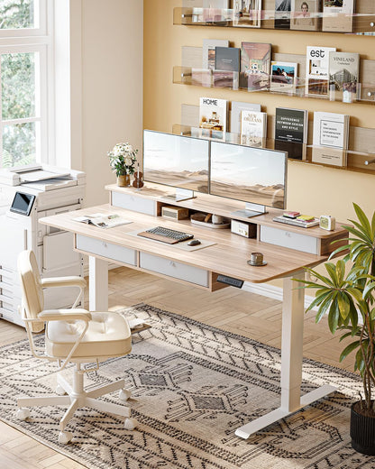 CubiCubi 60" x 30" Standing Desk with Drawers, Height Adjustable Electric Workstation, Computer Sit Stand Up Table with Large Storage Shelf 4 Drawers and 2 Hooks, Light Rustic Brown