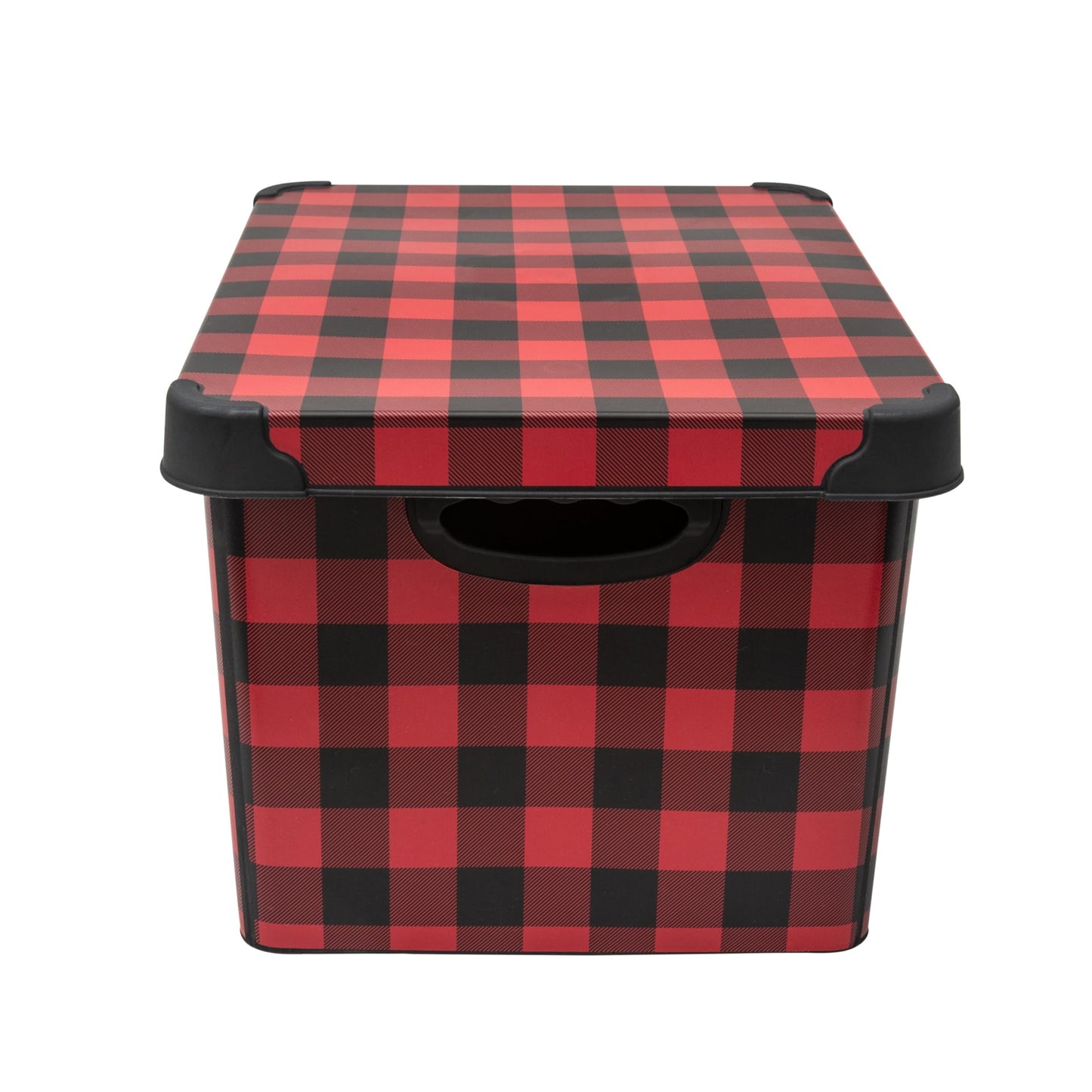 Simplify Checkered Design Storage Bin | Christmas Tote | Holiday Décor Decorations Organizer | Buffalo Plaid Design | Lidded | Stackable | Black and Red