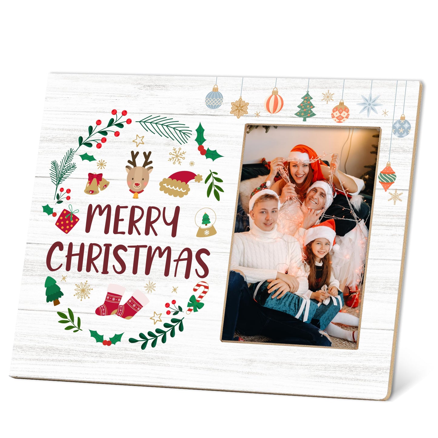 TIRYWT Christmas Picture Frame 4x6, Christmas Reindeer Wooden Photo Frame for Xmas Gifts, Winter Holiday Home and Office Decor, Tabletop or Wall Hanging Display Frame - T03