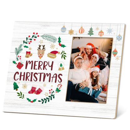 TIRYWT Christmas Picture Frame 4x6, Christmas Reindeer Wooden Photo Frame for Xmas Gifts, Winter Holiday Home and Office Decor, Tabletop or Wall Hanging Display Frame - T03