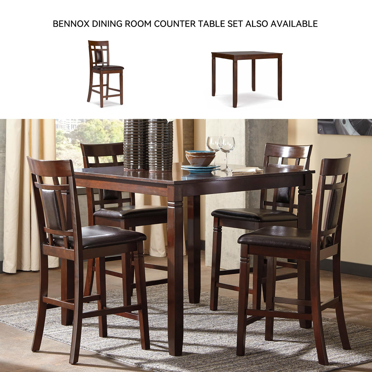 Signature Design by Ashley Bennox 6 Piece Dining Set with Upholstered Bench, Table & 4 Upholstered Chairs, Seats 6, Wood, Brown