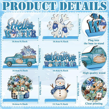 Realspring 6 Pcs Winter Table Decorations Winter Wooden Wonderland Snowflake Snowman Table Centerpieces Blue Christmas Tabletop Signs Rustic Farmhouse Desk Topper for Party Office Decor Supplies