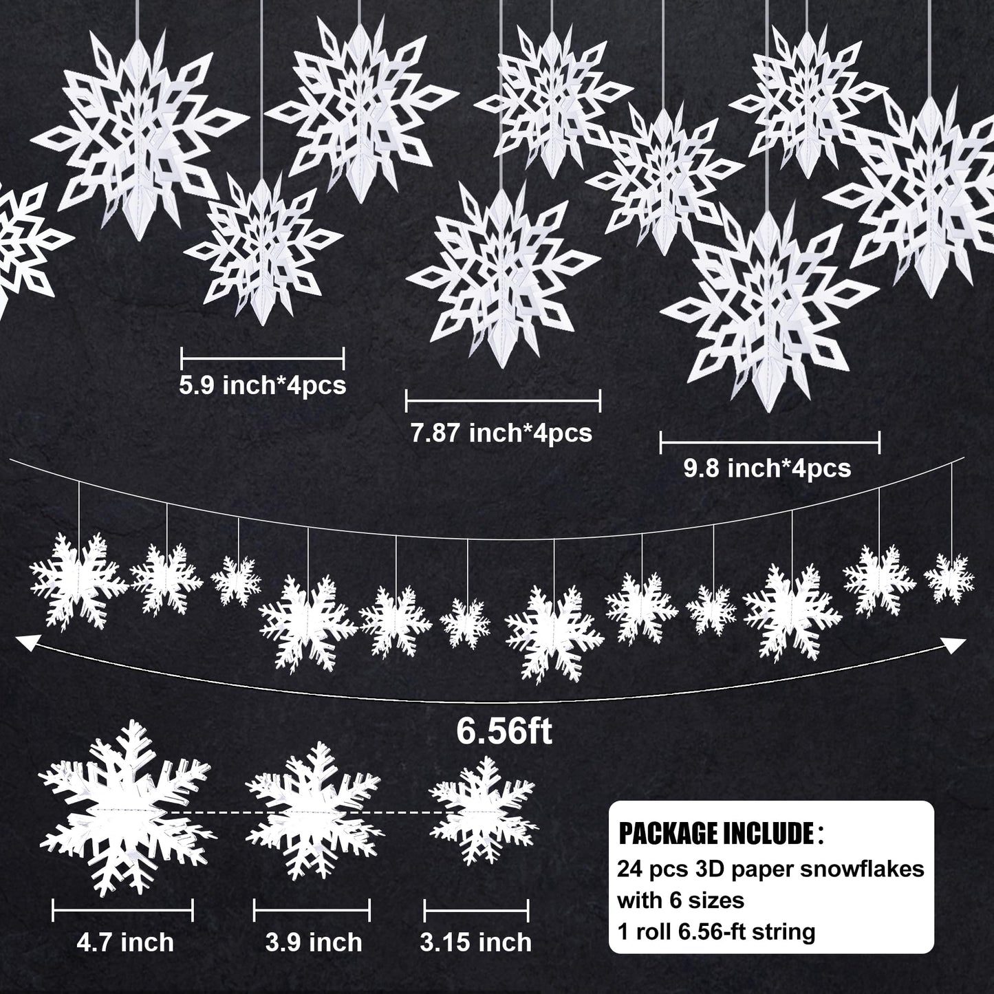 24PCS Snowflake Christmas Decorations, 3D Large White Paper Snowflakes Garland Hanging Snow Flakes for Winter Wonderland Christmas Party Decorations Holiday New Year Home Decor, Antiquewhite