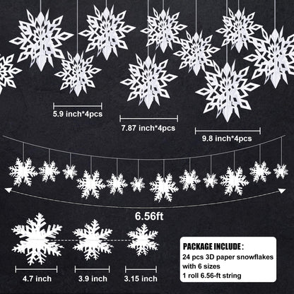 24PCS Snowflake Christmas Decorations, 3D Large White Paper Snowflakes Garland Hanging Snow Flakes for Winter Wonderland Christmas Party Decorations Holiday New Year Home Decor, Antiquewhite
