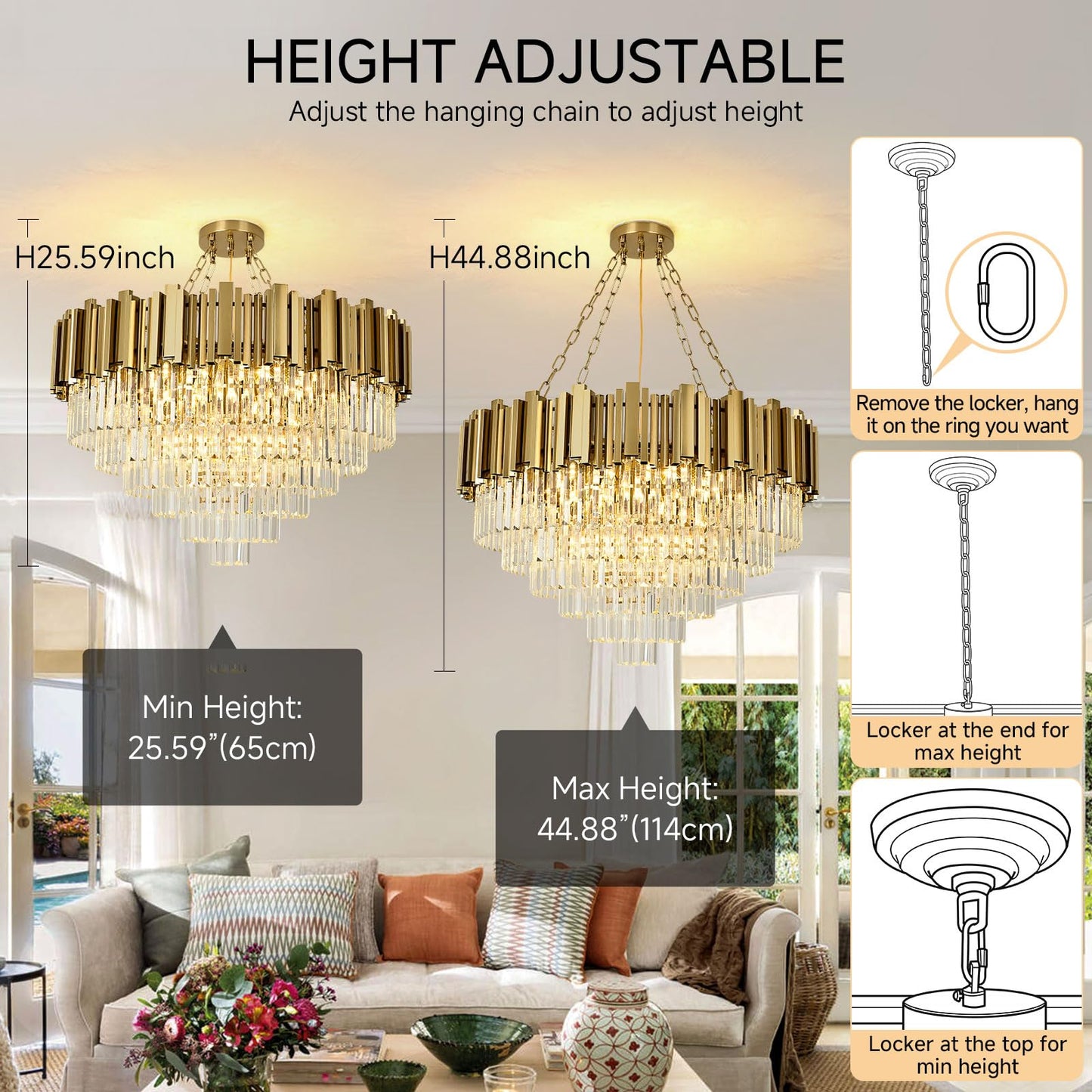 AOOCHOK Modern Crystal Chandelier Gold Pendant Light Fixtures, Round Crystal Pendant Lighting for Living Room, Dining Room, Bedroom, Restaurant, E12 x 12, Φ30inch