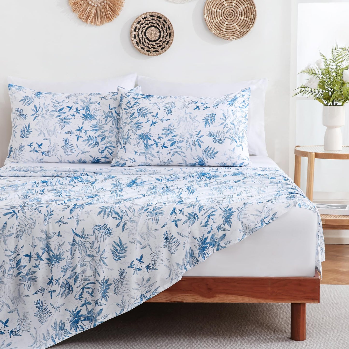 Swiftify Botanical Queen Bed Sheets Set 6-Piece, Boho Floral Brushed Microfiber Sheets, Cooling Bed Sheet Set, Soft & Breathable, 16' Deep Pocket Fitted Sheet & Pillowcase Set, Blue Fern Whisper