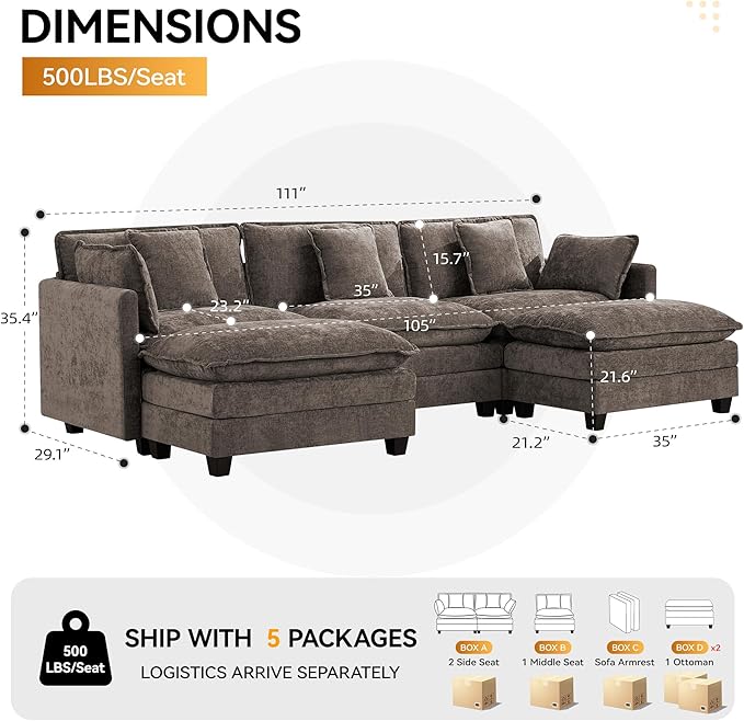 111'' Sectional Cloud Deep Seat Couch, Oversized Chenille U Shaped Sectional