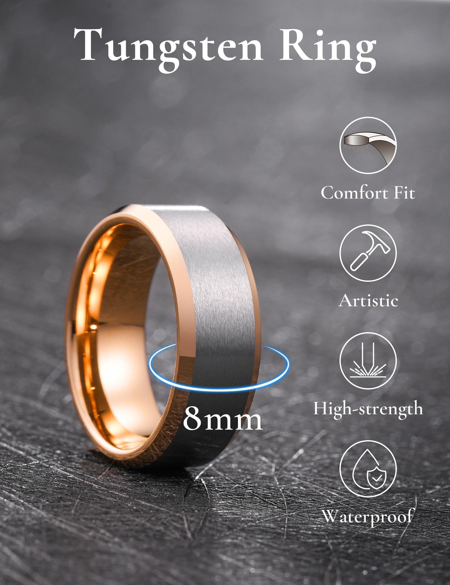 King Will 8mm Classic Tungsten Rings for Men Two-Tone Mens Wedding Bands Simple Engagement Promise Ring Matte Brushed Beveled Edges Comfit Fit Durable, Silver & Rose Gold Plated Size 11