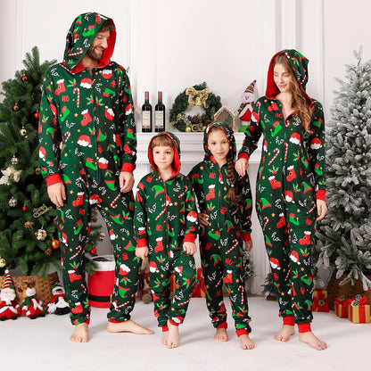 ANGELGGH Family Matching Christmas Onesie Pajamas, Vacation Cute Printed One Piece Pajamas, Xmas Hooded Holiday Sleepwear (Green Elf Hat, 8-10)