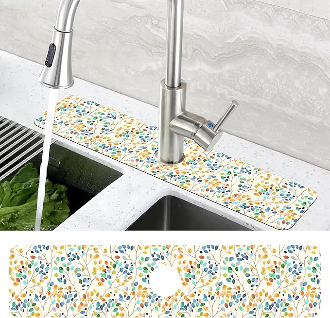 Abstract Watercolor Leaves Sink Faucet Absorbing Mat Sink Splash Guard Faucet
