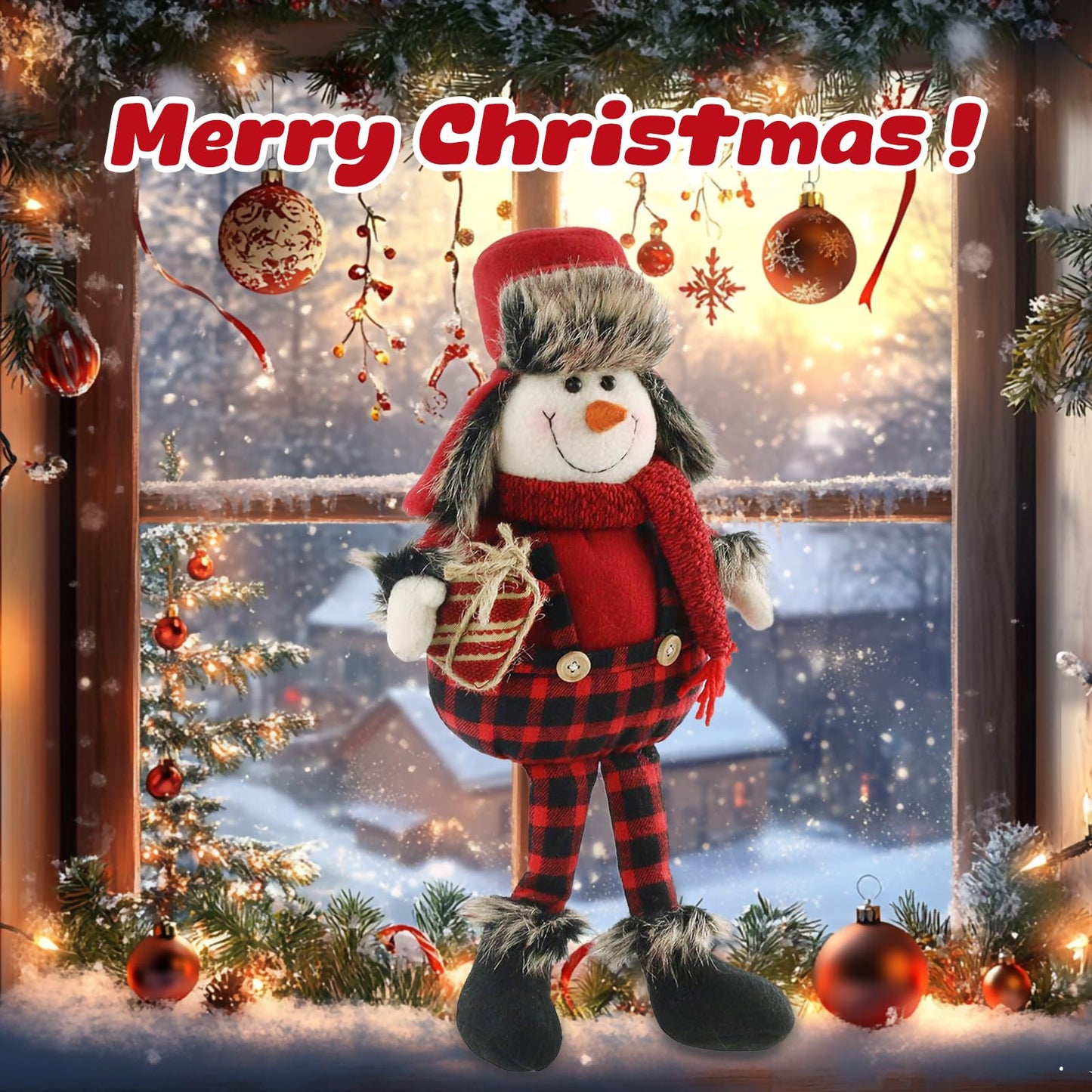Houwsbaby Christmas Decoration Handmade Plush Snowman Figurines Hold a Gift in Overalls Home Desktop Collectible Stuffed Dolls Holiday Party Supplies Sitting Table Ornament Red 17''