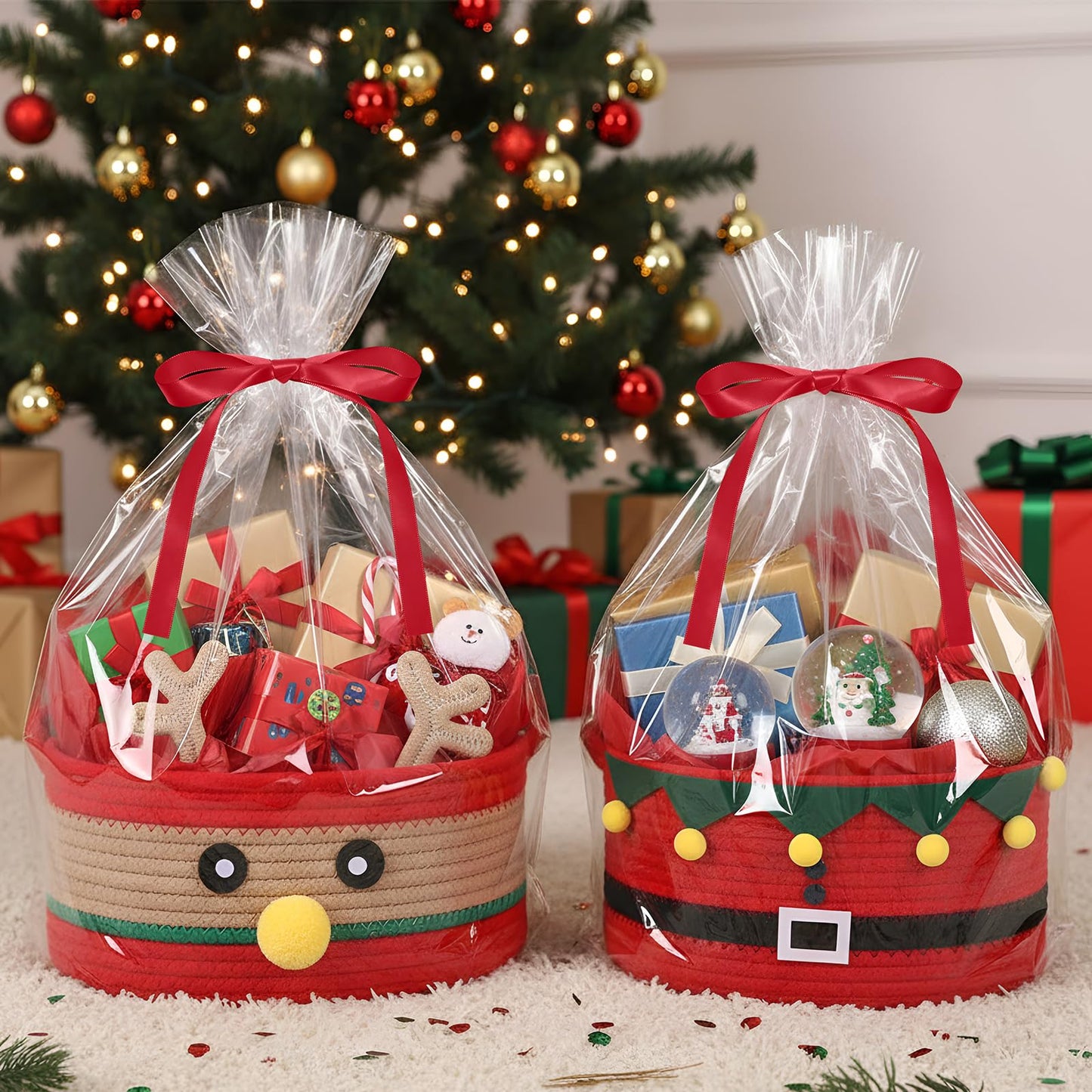 Zopeal 2 Pcs Christmas Woven Basket with Gift Bag, Ribbon and Red Tissue Paper Deer Woven Storage Bin Empty Basket Holiday Decorative for Xmas Gifts, 12 x 8 x 5 inch