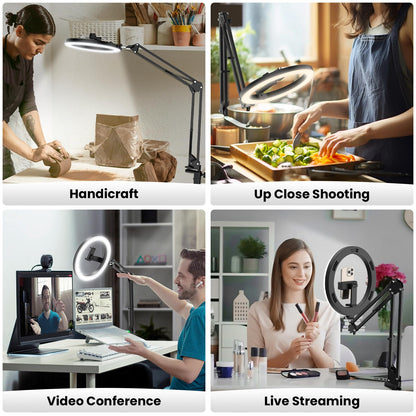LUXSURE Ring Light with Stand for Desk, Overhead Phone Mount with 10" Ring Light Tripod for iPhone, CRI＞95, Phone Tripod with Light for Video Recording, Cooking, YouTube, Content Creation