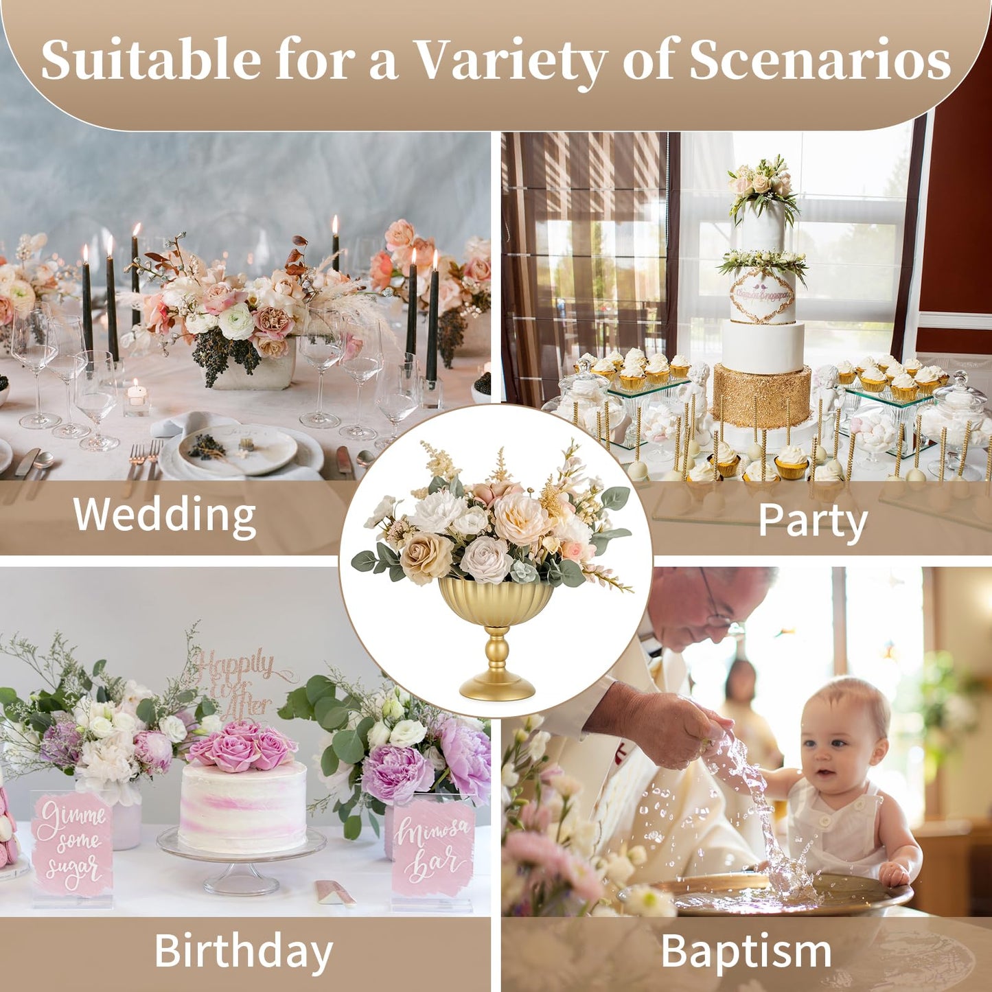 Sziqiqi Urn Vase for Wedding Centrepiece: 7.9in Gold Compote Bowl Vase Table Decorations - Floral Arrangement Pots Set of 10 - Metal Decorative Vases for Party Reception Dinner Table