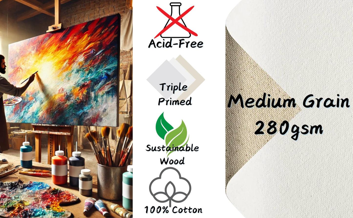 Exerz 30x40cm Pre-Stretched Canvas 5pk, 1.7cm A3 Framed Artist Canvas Blank, 280GSM 100% Cotton/Triple Primed/Acid Free/Medium Grain - Acrylic & Oil