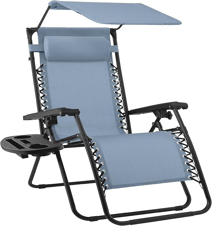 Best Choice Products Folding Zero Gravity Outdoor Recliner Patio Lounge Chair w/Adjustable Canopy Shade, Headrest, Side Accessory Tray, Textilene Mesh - Dusty Blue