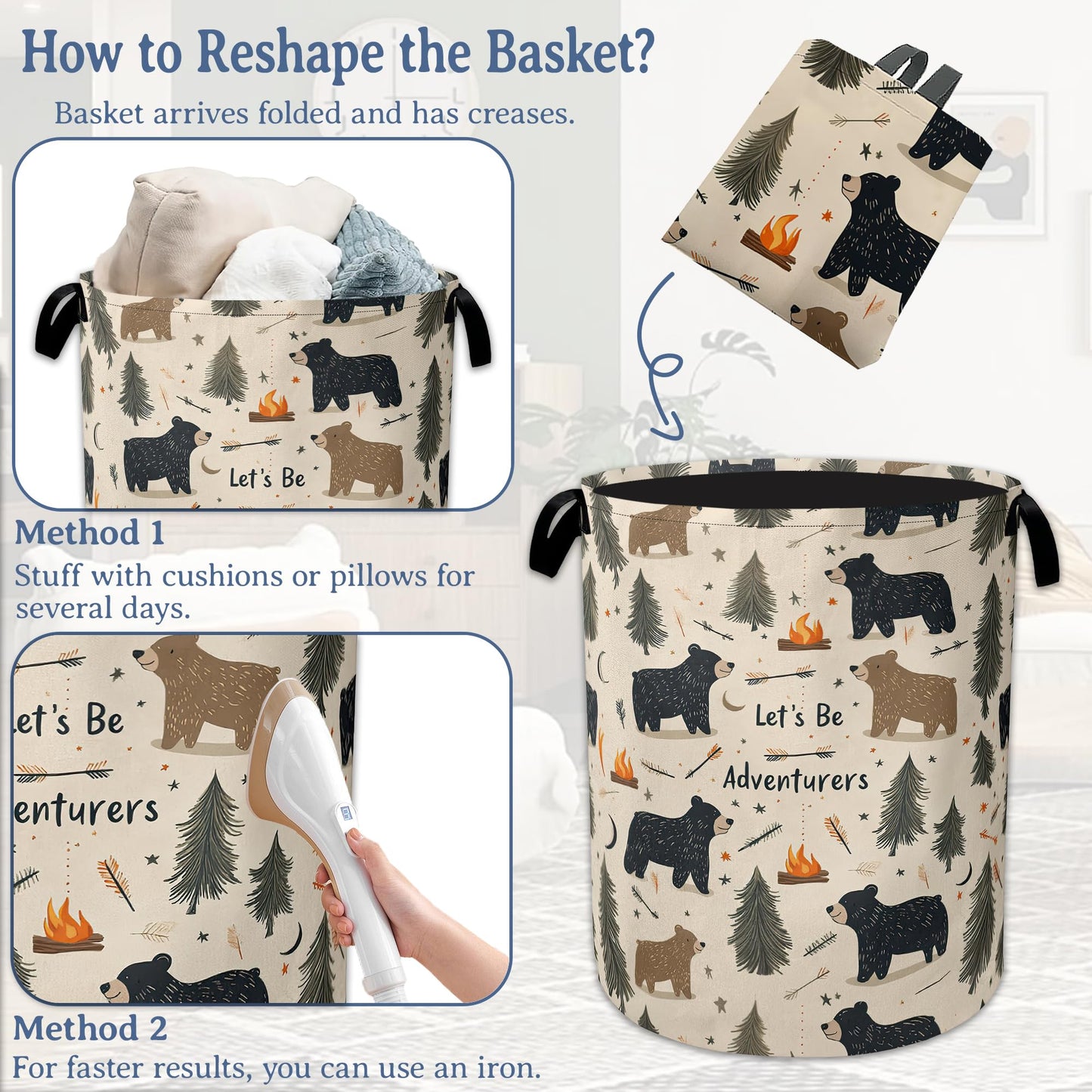 Funny Adventure Bear Forest Laundry Basket,Oxford Cloth Laundry Hamper With Handle Foldable Portable Clothes Storage Basket for Laundry Room/Bedroom/Bathroom 20.8"x16"
