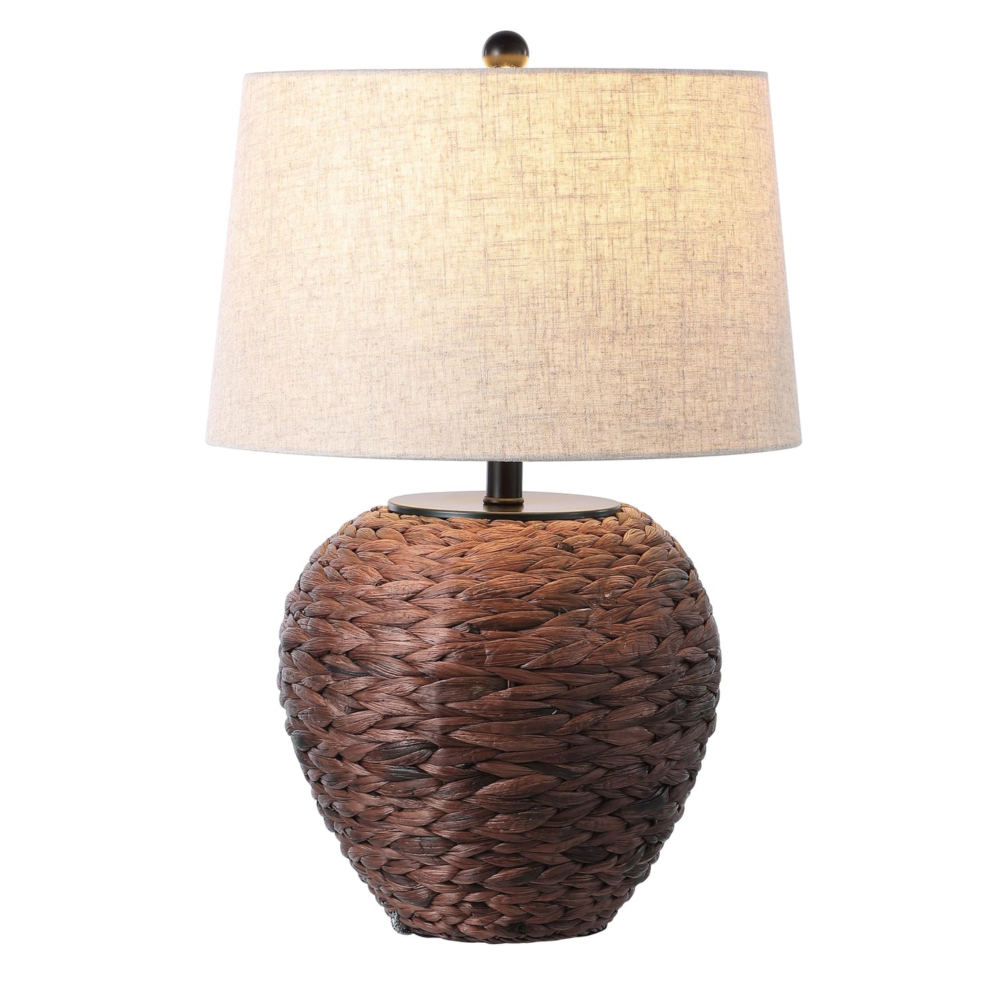 JONATHAN Y 24.5" Dark Brown Water Hyacinth Farmhouse Basket Table Lamp, Coastal Decor for Living Room Bedroom Nightstand, Light Gray Linen Shade, LED Bulb Included (JYL6501B)