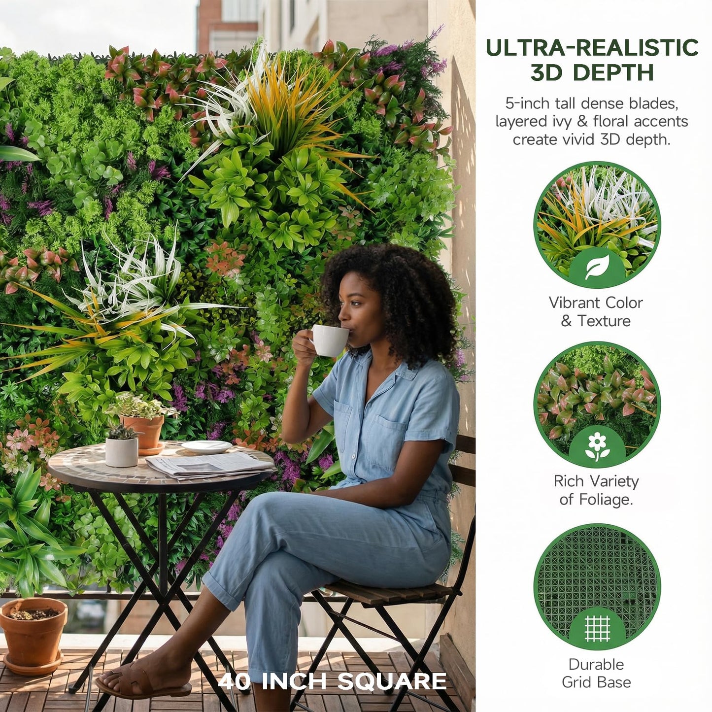 FOSZMAC 1PC 40"x 40" Artificial Grass for Wall, 3D Faux Boxwood Hedge Panels Green Wall Decor, Greenery Grass Wall Backdrop Panels for Indoor Outdoor Garden Backyard Ivy Privacy Fence Covering
