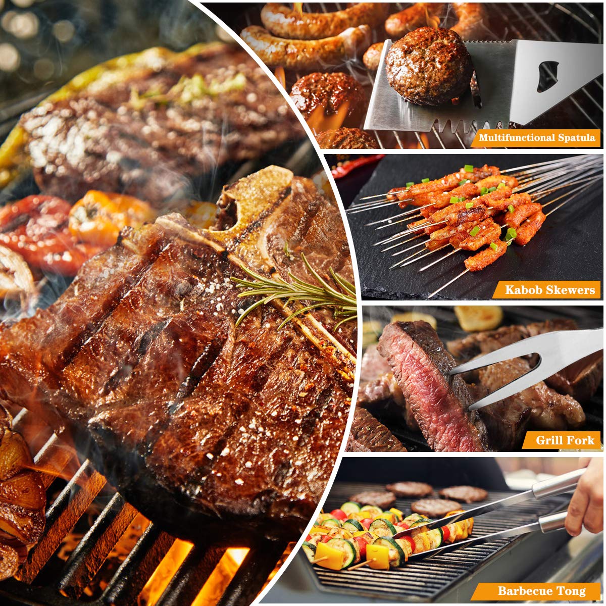 10PCS BBQ Grill Tool Set, GQC Stainless Steel Barbecue Grilling Utensils Kit with Carry Bag, Spatula, Tongs and Fork BBQ Tool Accessories for BBQ Cooking Outdoor Camping