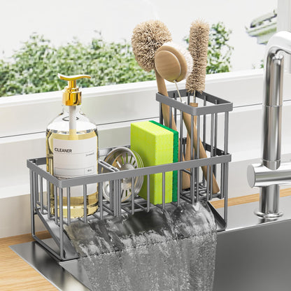 Cisily Kitchen Sink Caddy Organzier with High Brush Holder, Sponge Holder for Sink, 304 Rustproof Stainless, Kitchen Countertop Soap Dispenser Organizer, Kitchen Decor and Accessories