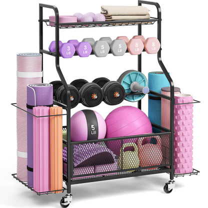 Dumbbell Rack with Wheels, Weight Rack for Dumbbells, Home Gym Storage Organizer for Kettlebells, Yoga Mats, Balls & Workout Equipment, Heavy Duty Steel Gym Storage Rack with Hooks, Black
