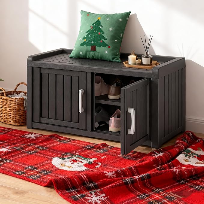 2-Tier Storage Bench, Waterproof UV-Resistant Outdoor Shoe Storage Cabinet with 2 Doors & Adjustable Shelves for Indoor Outdoor Entryway, Hallway, Living Room (Raven Black)