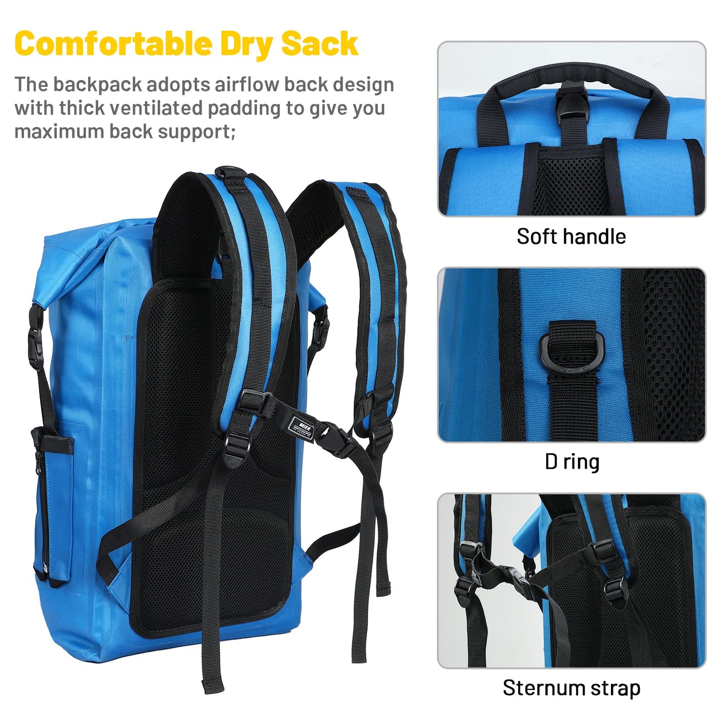 MIER Dry Bag Waterproof Backpack 30L Dry Sack Heavy Duty Roll-Top Closure for Kayaking, Beach, Boating, Swimming, Surfing, Blue