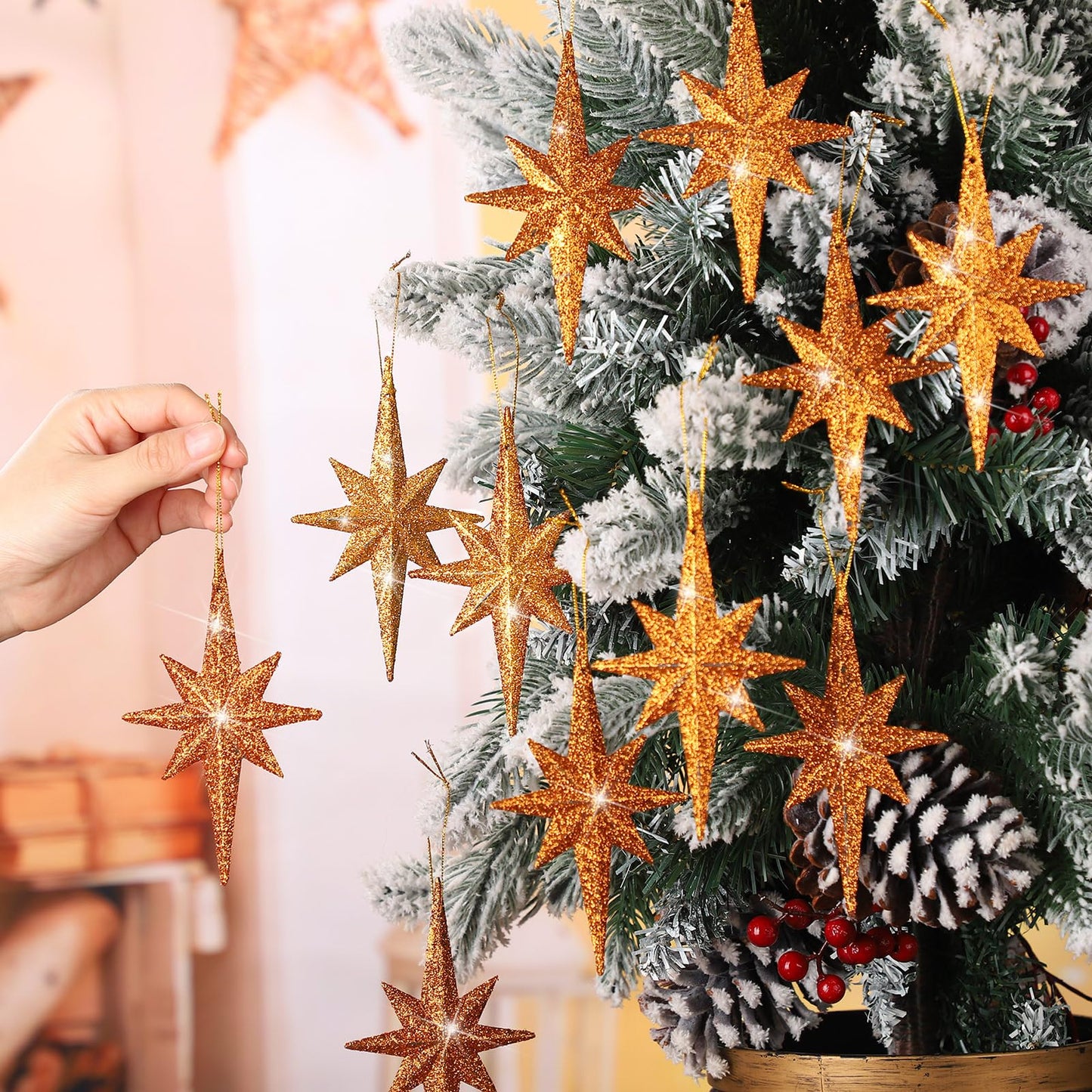 Quzzil 12 Pcs Christmas Bethlehem Star Bronze Ornament 4.72 x 2.95 Inch Star of Bethlehem Christmas Tree Topper Glitter Ornament Plastic Nativity Stars Hanging Decor Accessories
