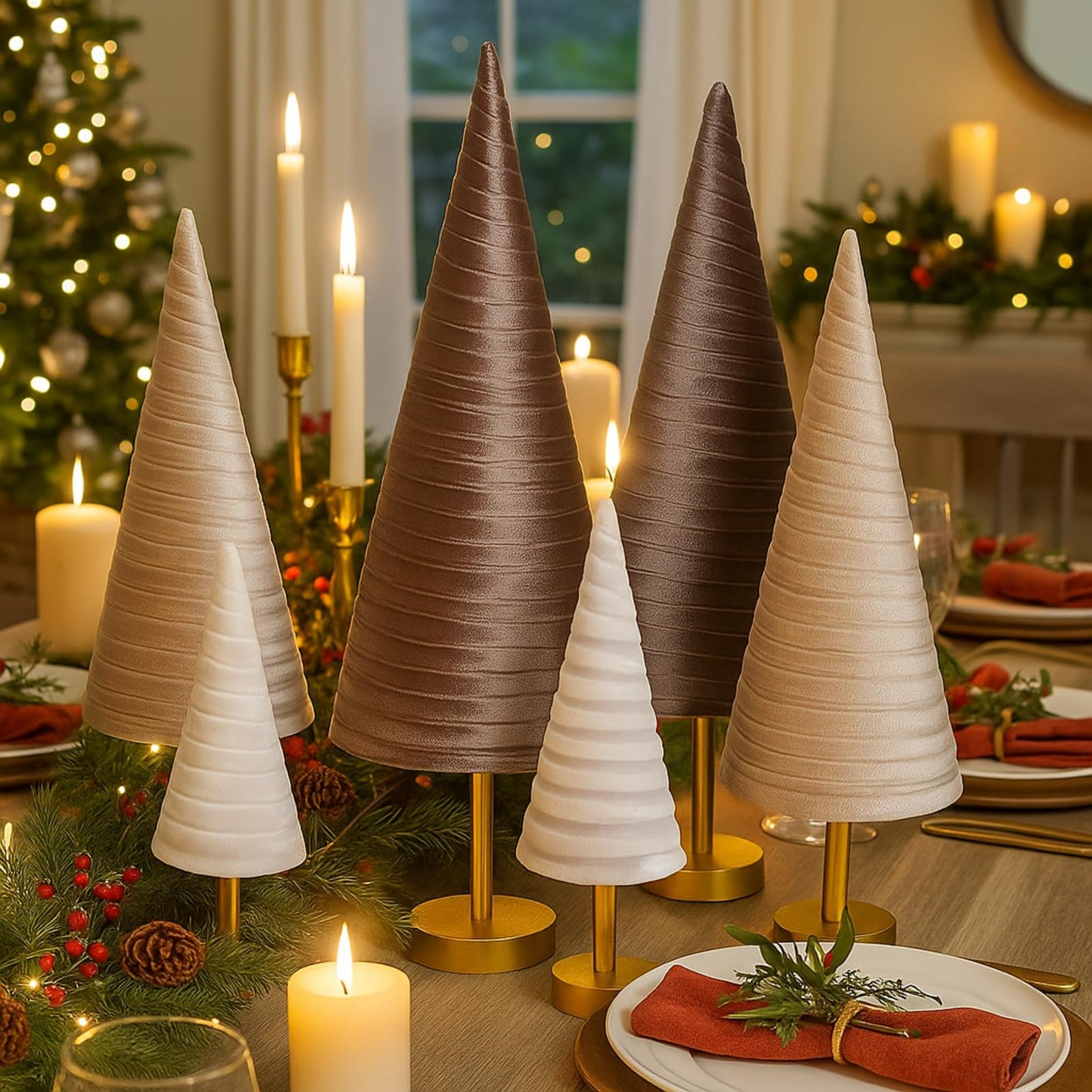 Hoolerry 6 Pcs Christmas Velvet Trees with Gold Pedestal Christmas Velvet Cones Tree Mantel Decor Modern Rustic Winter Home Minimalist for Holiday Entryway Table Wedding Centerpiece(Gold Brown)