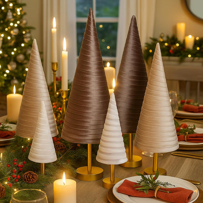 Hoolerry 6 Pcs Christmas Velvet Trees with Gold Pedestal Christmas Velvet Cones Tree Mantel Decor Modern Rustic Winter Home Minimalist for Holiday Entryway Table Wedding Centerpiece(Gold Brown)