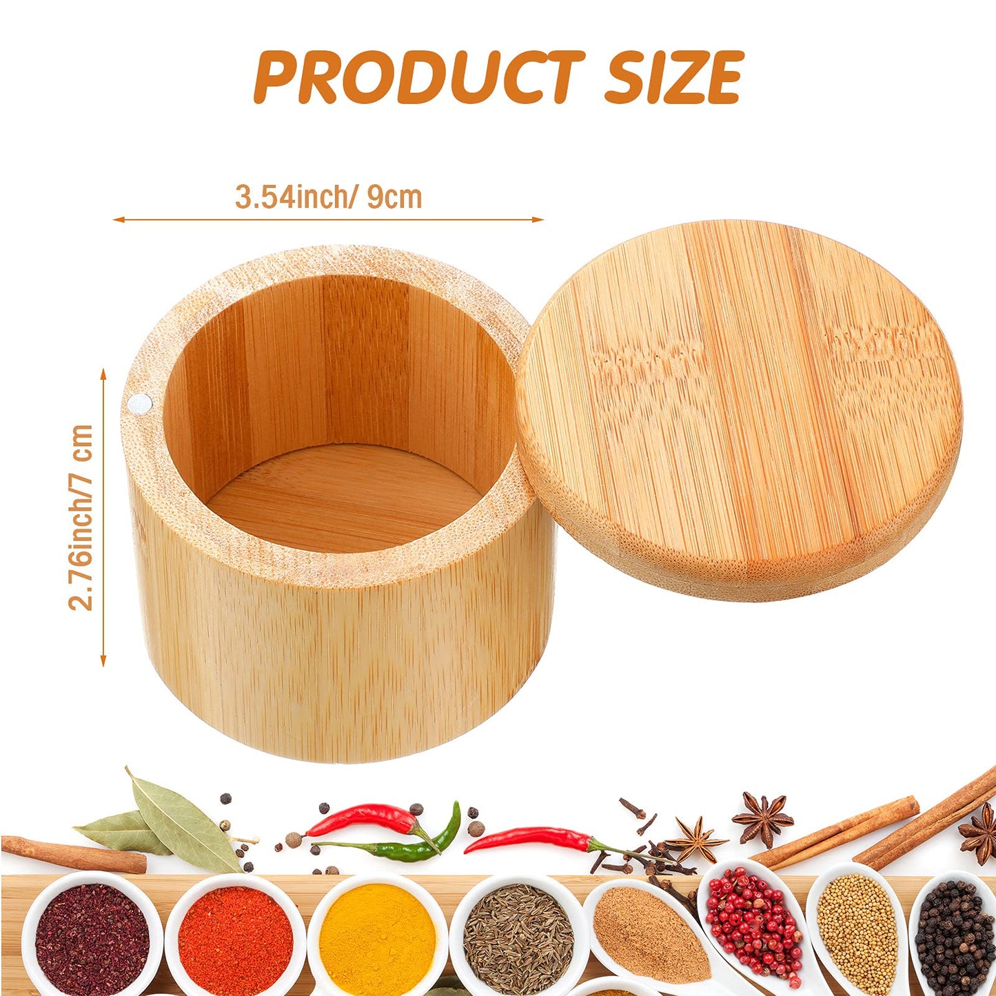 Patelai 4 Pieces Bamboo Salt Storage with Magnetic Swivel Lid Salt and Spice Storage Compartment Bamboo Pepper Box for Kitchen
