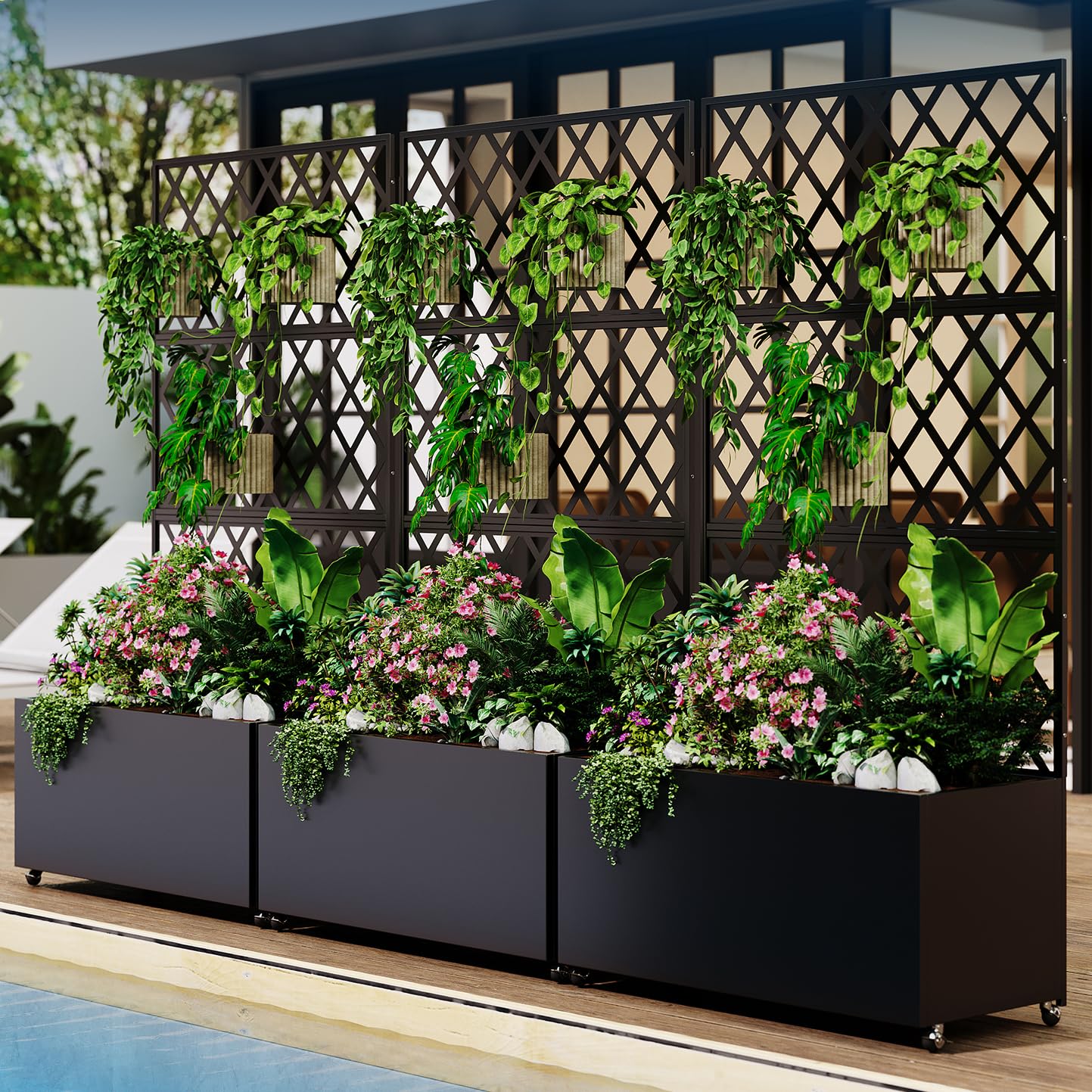 IDEAHOUSE Steel Raised Garden Bed w/Trellis & Privacy Screen - 71x46x16 in Planter Box w/Lockable Casters, Drainage Holes for Vines, Vegetables on Patio, Deck, Yard, Black