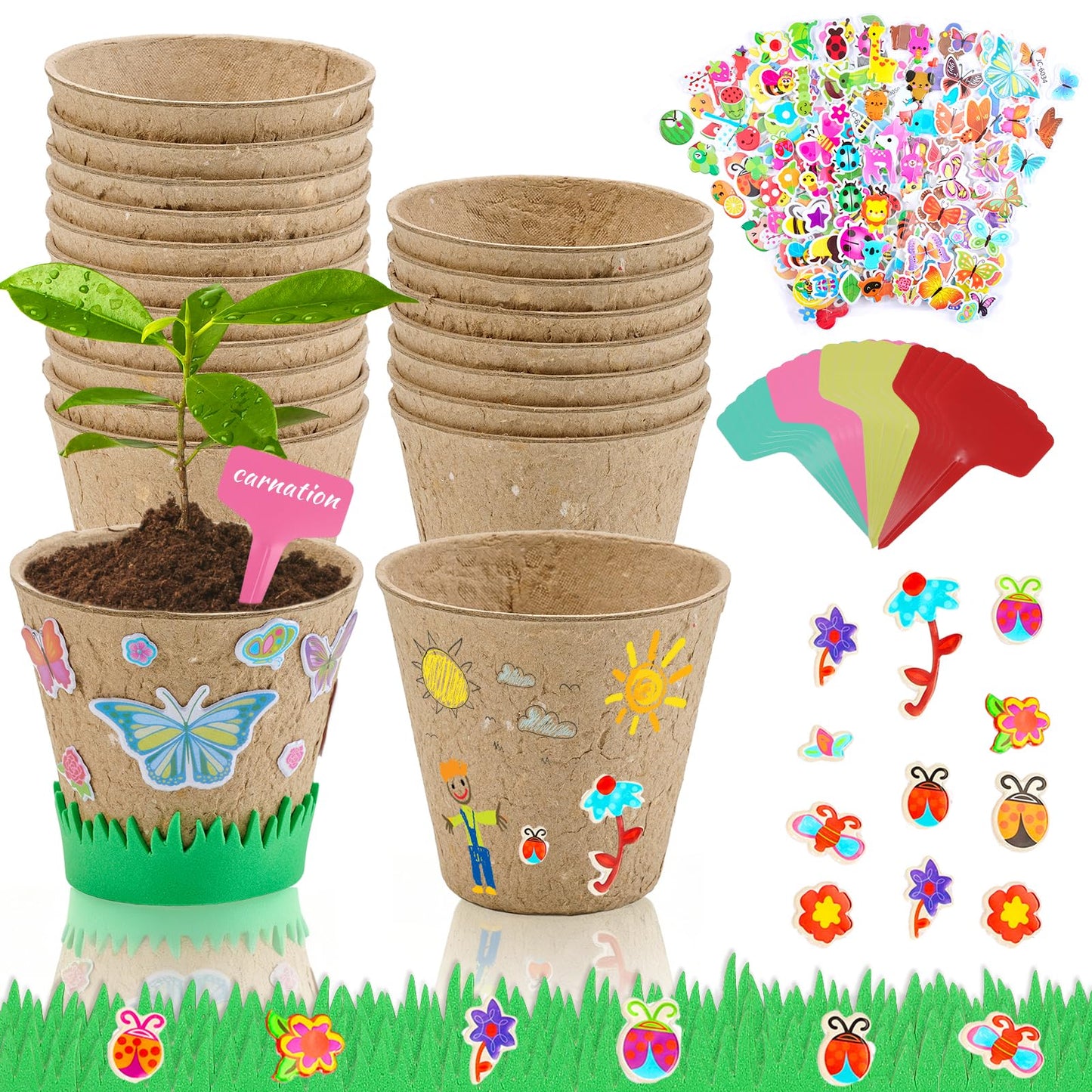 NNG 20 Set Garden Paper Pot Craft Kit,20Pcs Round Paper Mache Pots Peat Plant Pots with 200pcs Adhesive Foam Stickers & 20Pcs Pots Labels,Flower Plant Spring Craft for DIY Flower Planting