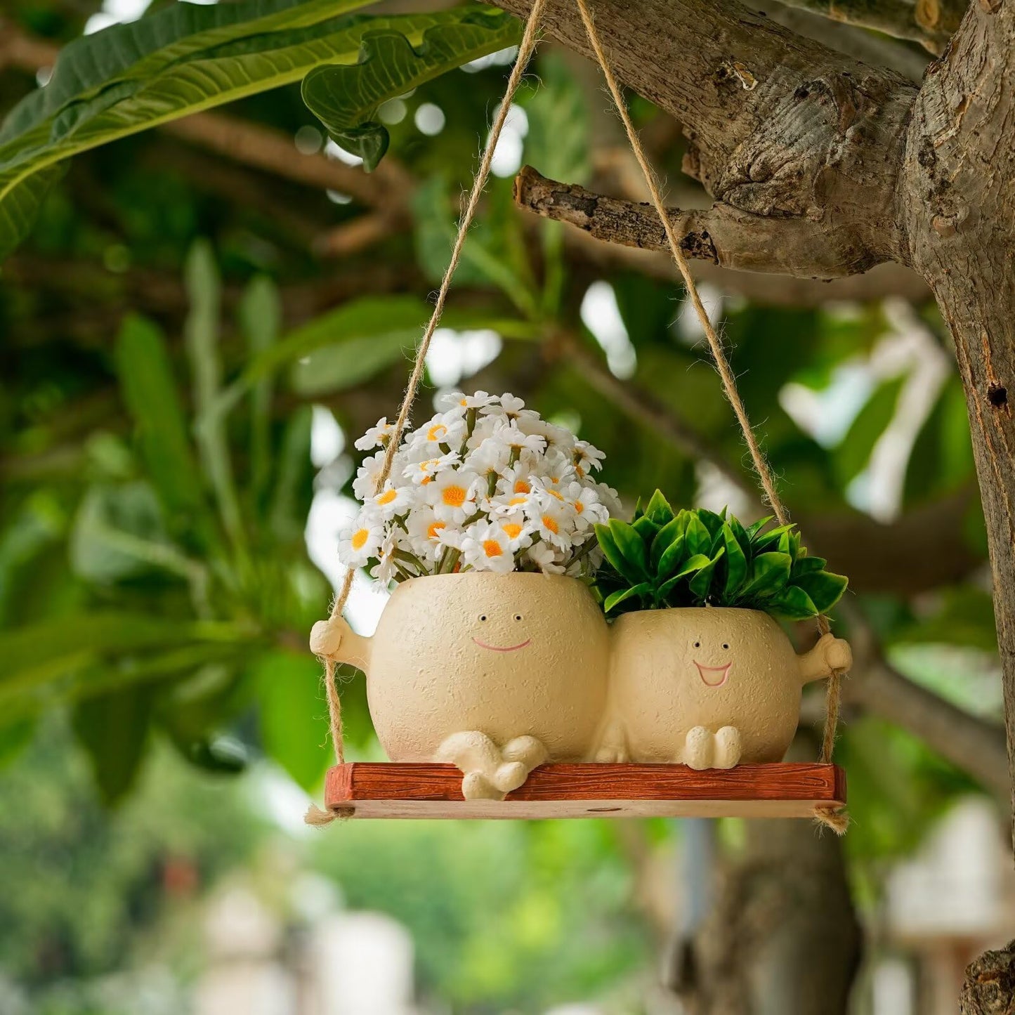 SeoatLink Double Head Flower Pot, Smiley Face Hanging Planter Pots, Cute Swinging Planters with Drainage, Unique Succulent Flower Pot Suitable for Indoor and Outdoor Decoration Khaki