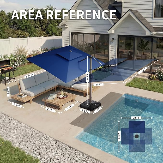 10 X 13 FT Cantilever Patio Umbrella with LED Lights Outdoor Heavy Duty Double Top Windproof Rectangle Offset Umbrellas with 360-degree Rotation for Pool Deck Backyard, Navy