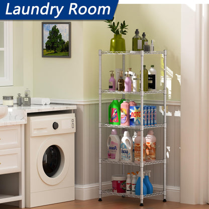 REGILLER 5-Wire Shelving Metal Storage Rack Adjustable Shelves,Standing Storage Shelf Units for Laundry Bathroom Kitchen Pantry Closet(Black,11.8" D x 16.6" W x 53.5" H)