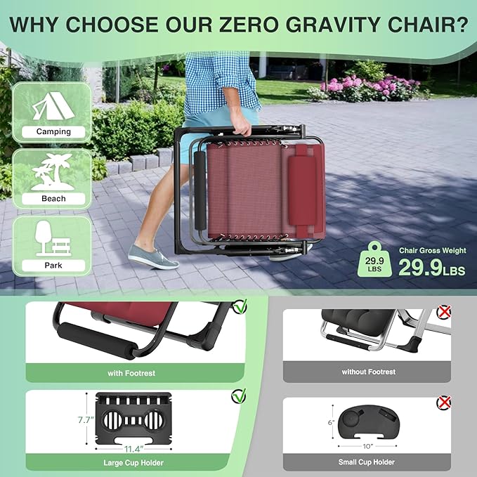 Suteck Oversized Zero Gravity Chair,33In XXL Outdoor Recliner Chair w/Removable Cushion&Headrest, Camping Lounge Chair w/Upgraded Lock&Footrest, Reclining Patio Chairs for Indoor Outdoor,500LBS