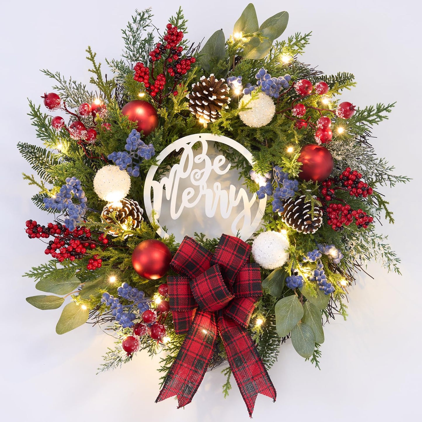 Prelit Christmas Wreath for Front Door Outside,22 inch Be Merry Wreath with red Black Buffalo Plaid Bow,Lighted Farmhouse Christmas decoration-30 LED Light/Timer,Winter Door Wreath, Porch Decor